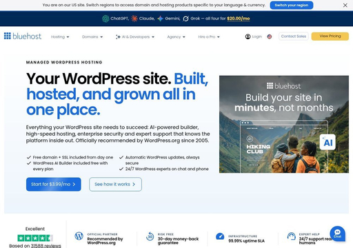Сторінка WordPress-хостингу Bluehost з AI Builder