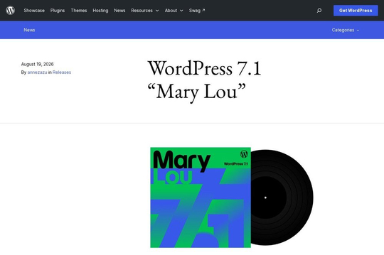 Анонс релізу WordPress 7.1 Mary Lou від 19 серпня 2026 року