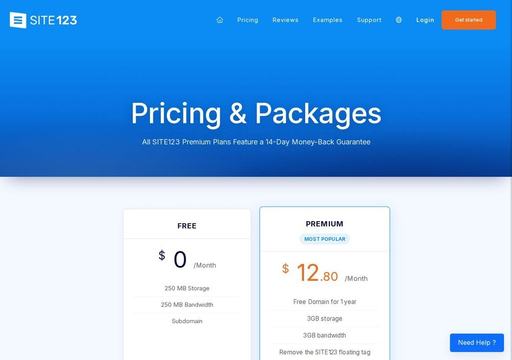 Картки тарифів Free і Premium на сторінці цін SITE123